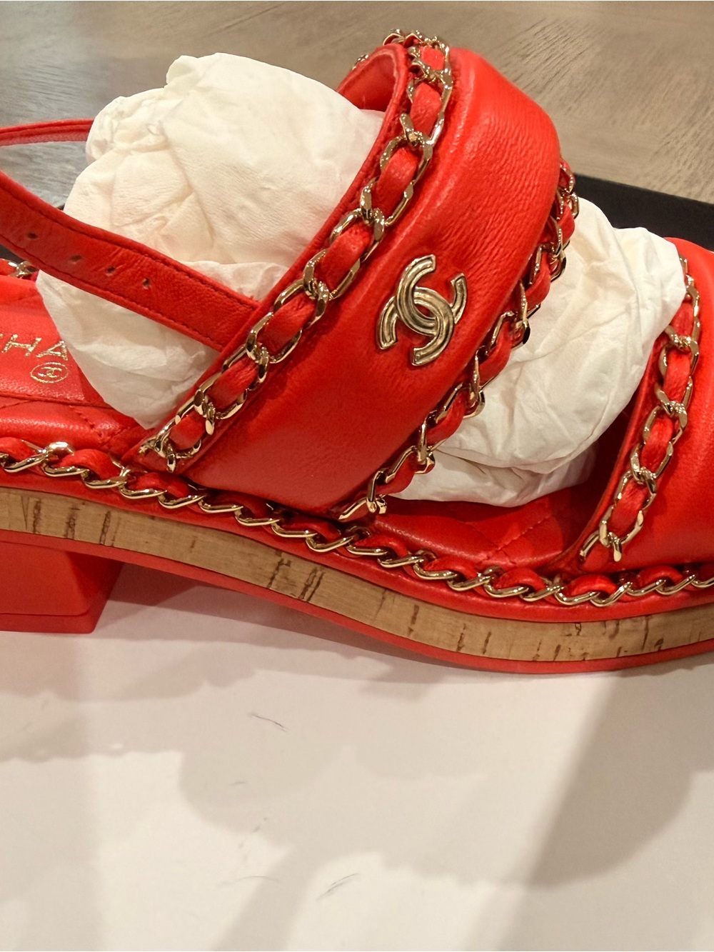 CHANEL Red Leather Chain-Trim Platform Sandals